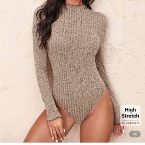 SHEIN Tan Ribbed Long Sleeve Bodysuit